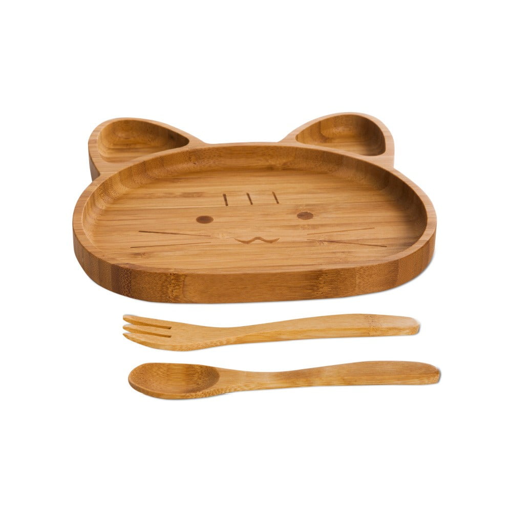E-shop Set detského taniera v tvare medvídka a príboru z bambusového dreva Bambum