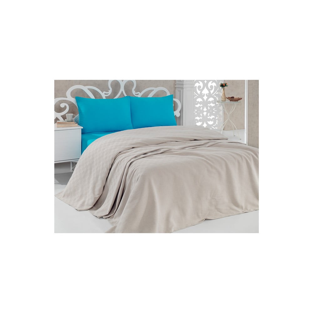 E-shop Bavlnená béžová prikrývka cez posteľ Pique Beige, 200 × 240 cm
