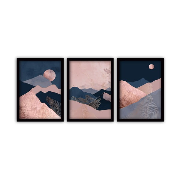 Súprava 3 obrazov v čiernom ráme Vavien Artwork Moonlight, 35 x 45 cm