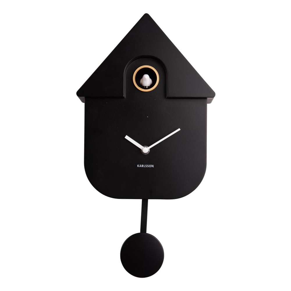E-shop Čierne nástenné kyvadlové hodiny Karlsson Modern Cuckoo, 21,5 x 41,5 cm