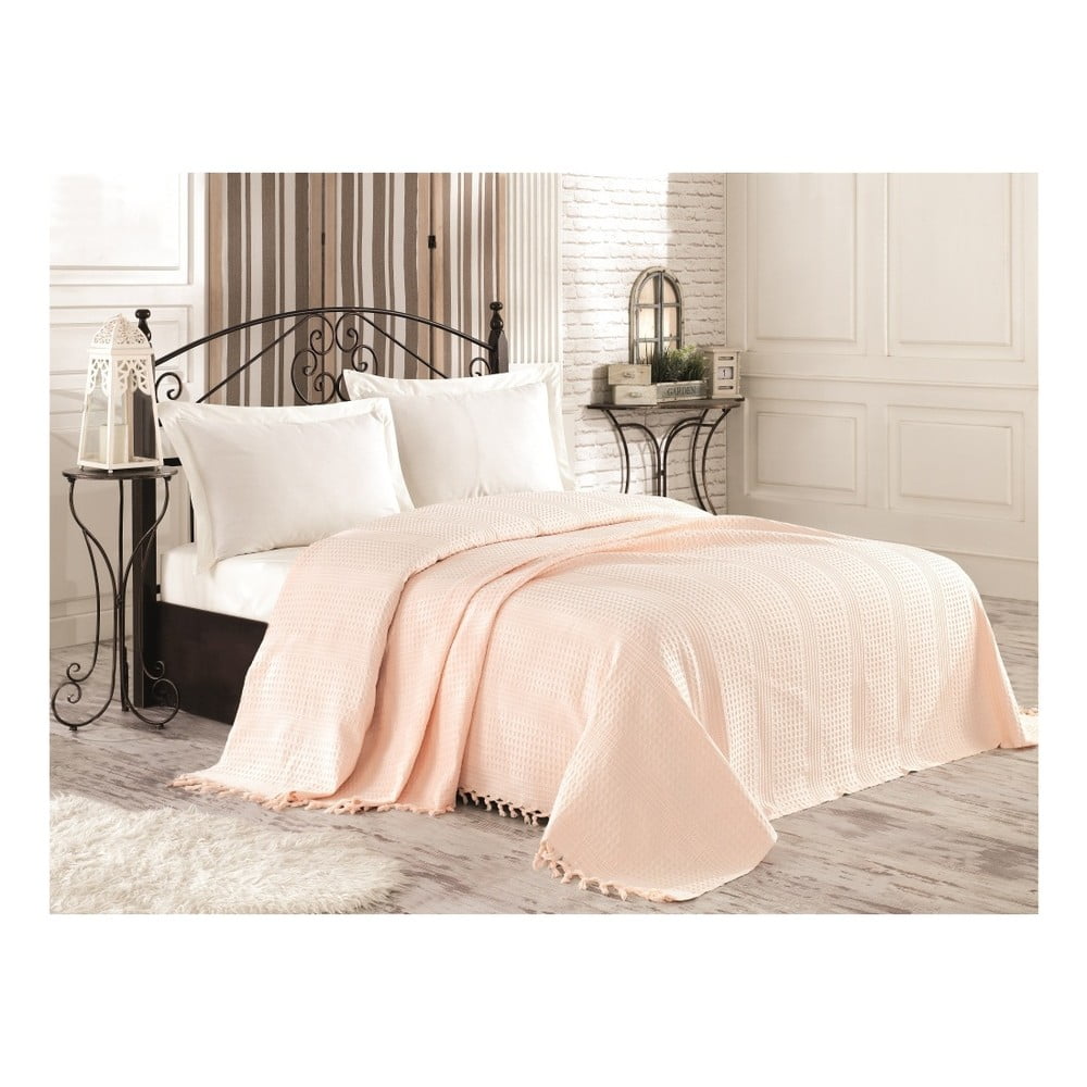 E-shop Krémová bavlnená prikrývka cez posteľ na dvojlôžko Tarra, 220 × 240 cm