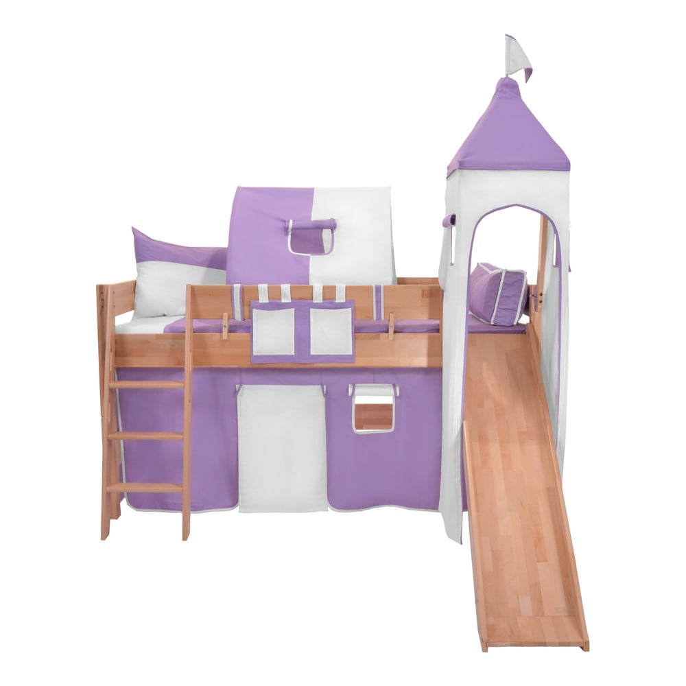 Detská poschodová posteľ so šmýkačkou a fialovo-bielym hradným bavlneným setom Mobi furniture Luk, 200 x 90 cm