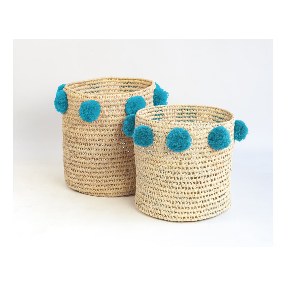 Sada 2 úložných košíkov z palmových vlákien s tyrkysovými dekoráciami Madre Selva Milo Basket