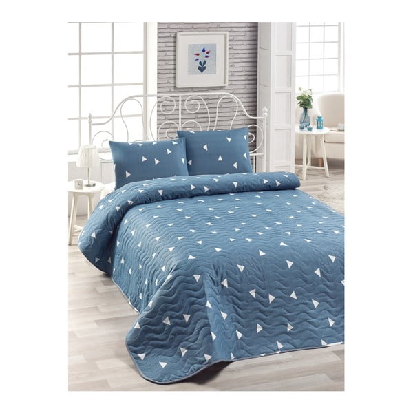 Set modrej bavlnenej prikrývky cez posteľ a 2 obliečok na vankúše Lesso Duro, 200 × 220 cm