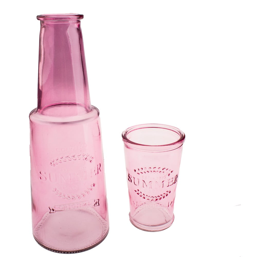 E-shop Ružová sklenená karafa s pohárom, 800 ml
