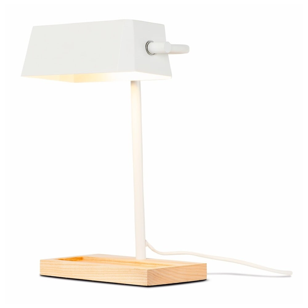 E-shop Biela stolová lampa s prvkami z jaseňového dreva Citylights Cambridge