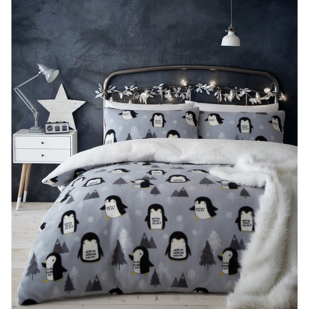 E-shop Sivé fleecové obliečky 200x135 cm Cosy Penguin - Catherine Lansfield