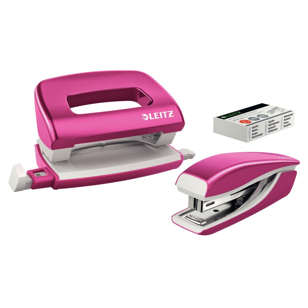 E-shop Bielo-ružový set mini zošívačky a dierovač Leitz