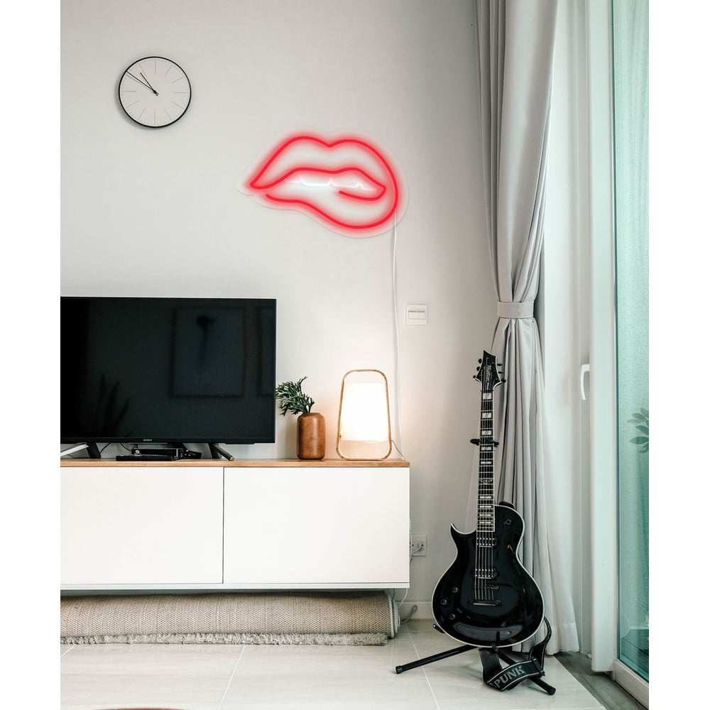 E-shop Červená nástenná svietiaca dekorácia Candy Shock Biting Lips, 40 x 36 cm