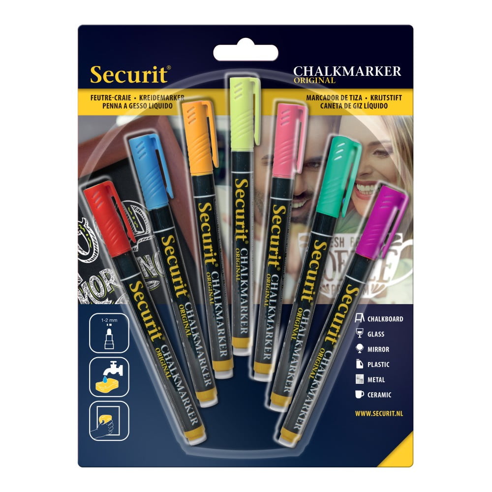 Obrázok Kriedový popisovač Securit SMA100 šířka hrotu 1-2mm, Assorted Primary, 7ks, blistr