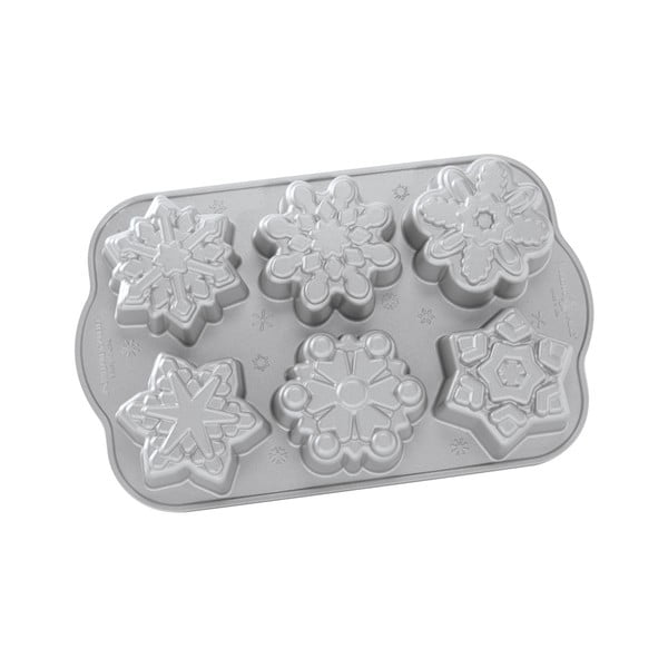Forma na 6 minibáboviek v striebornej farbe Nordic Ware Snowflakes, 700 ml
