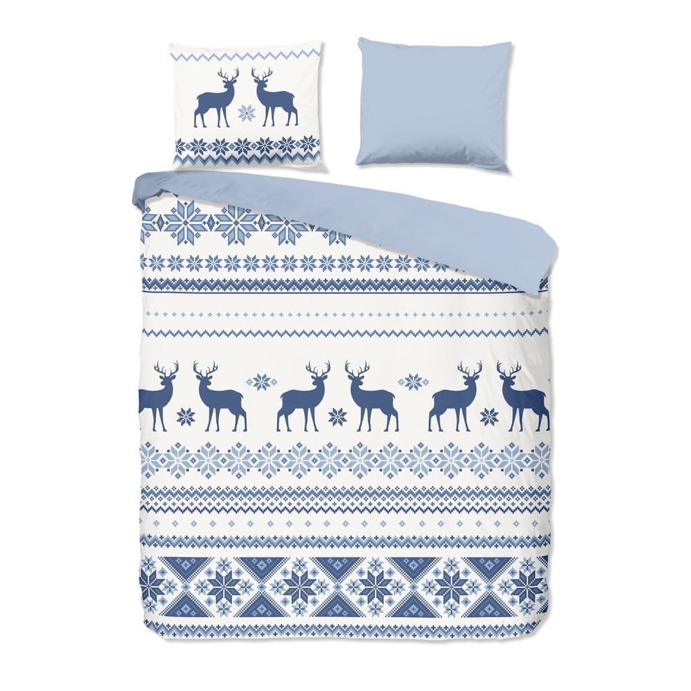 Bielo-modré flanelové obliečky s vianočným motívom Good Morning Nordic, 140 x 200 cm