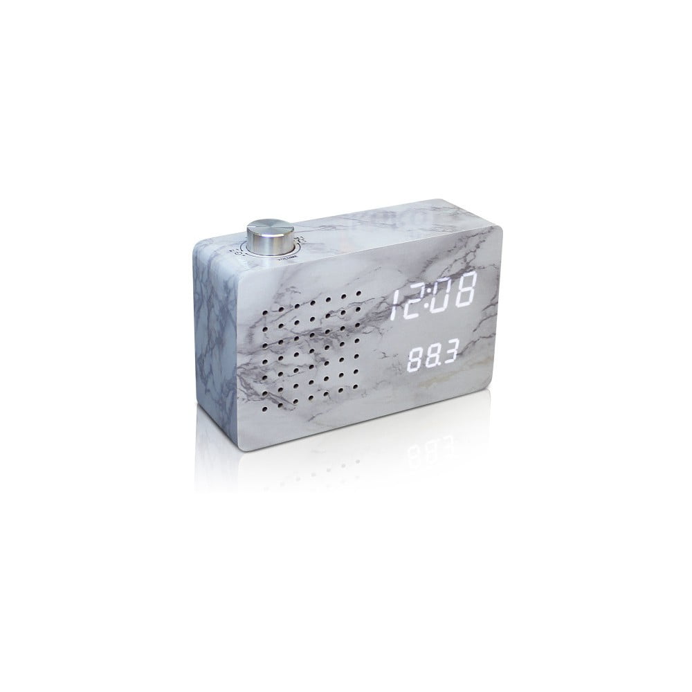 E-shop Sivý budík s bielym LED displejom a rádiom Gingko Radio Click Clock Marble
