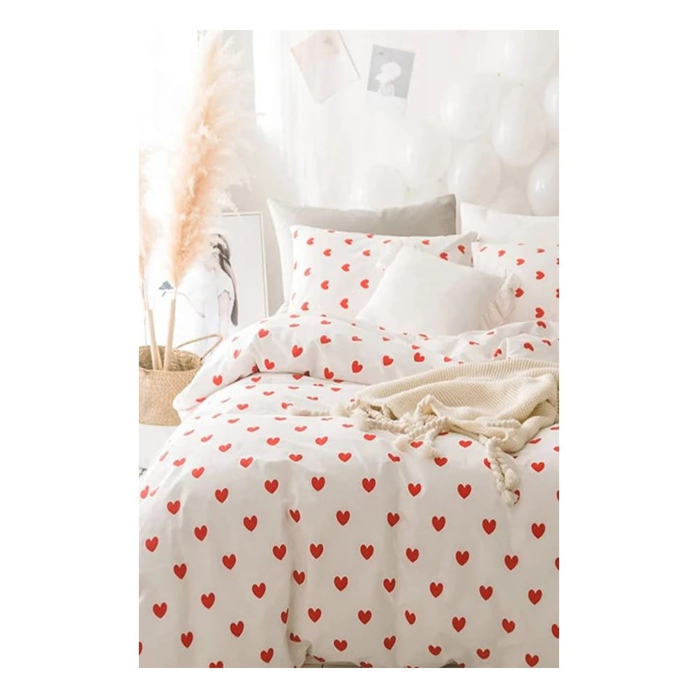 Krémovobiele obliečky na dvojlôžko/predĺžené z bavlny renforcé s plachtou/4-dielne 200x220 cm Mini Hearts – Mila Home