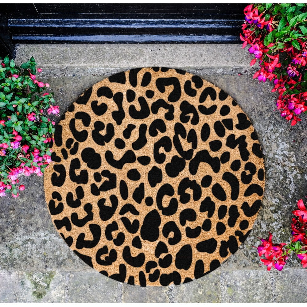 Obrázok Čierna okrúhla rohožka z prírodného kokosového vlákna Artsy Doormats Leopard, ⌀ 70 cm