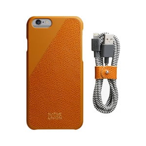 Set oranžového obalu z pravej kože a nabíjacieho kábla pre iPhone 6 a 6S Plus Native Union Clic Leather Belt