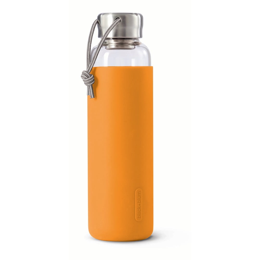 E-shop Sklenená fľaša na vodu s oranžovým silikónovým obalom Black + Blum G-Bottle, 600 ml