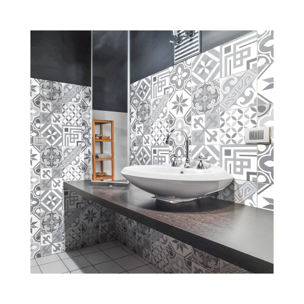E-shop Sada 24 nástenných samolepiek Ambiance Wall Decal Cement Tiles Azulejos Micalina, 15 × 15 cm