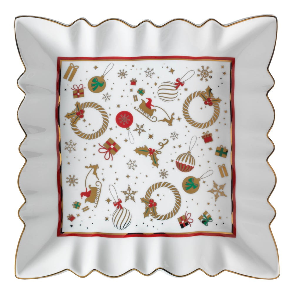 E-shop Biely porcelánový servírovací tanier s vianočným motívom Brandani Alleluia New Bone, dĺžka 23,5 cm