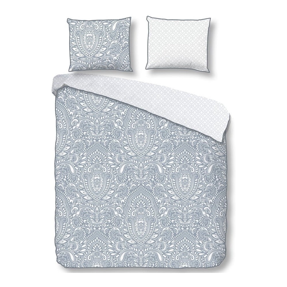 E-shop Modro-biele obliečky na dvojlôžko z bavlneného saténu Descanso Ornament, 220 x 240 cm
