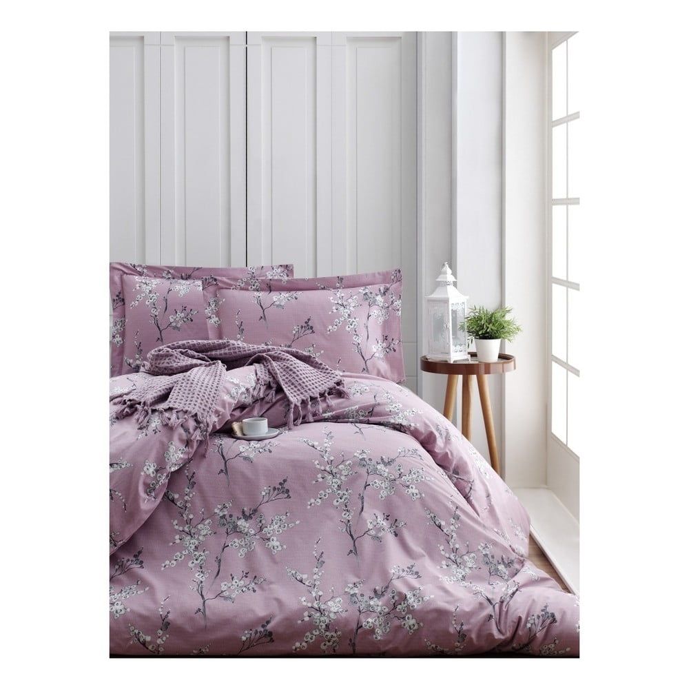 Obliečky s plachtou z ranforce bavlny na dvojlôžko Chicory Pink, 200 x 220 cm