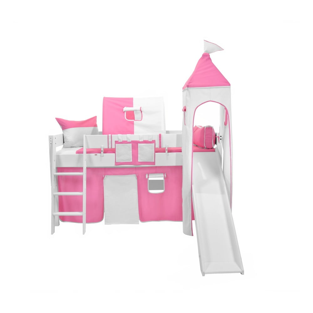 Detská biela poschodová posteľ so šmýkačkou a ružovo-bielym hradným bavlneným setom Mobi furniture Luk, 200 x 90 cm