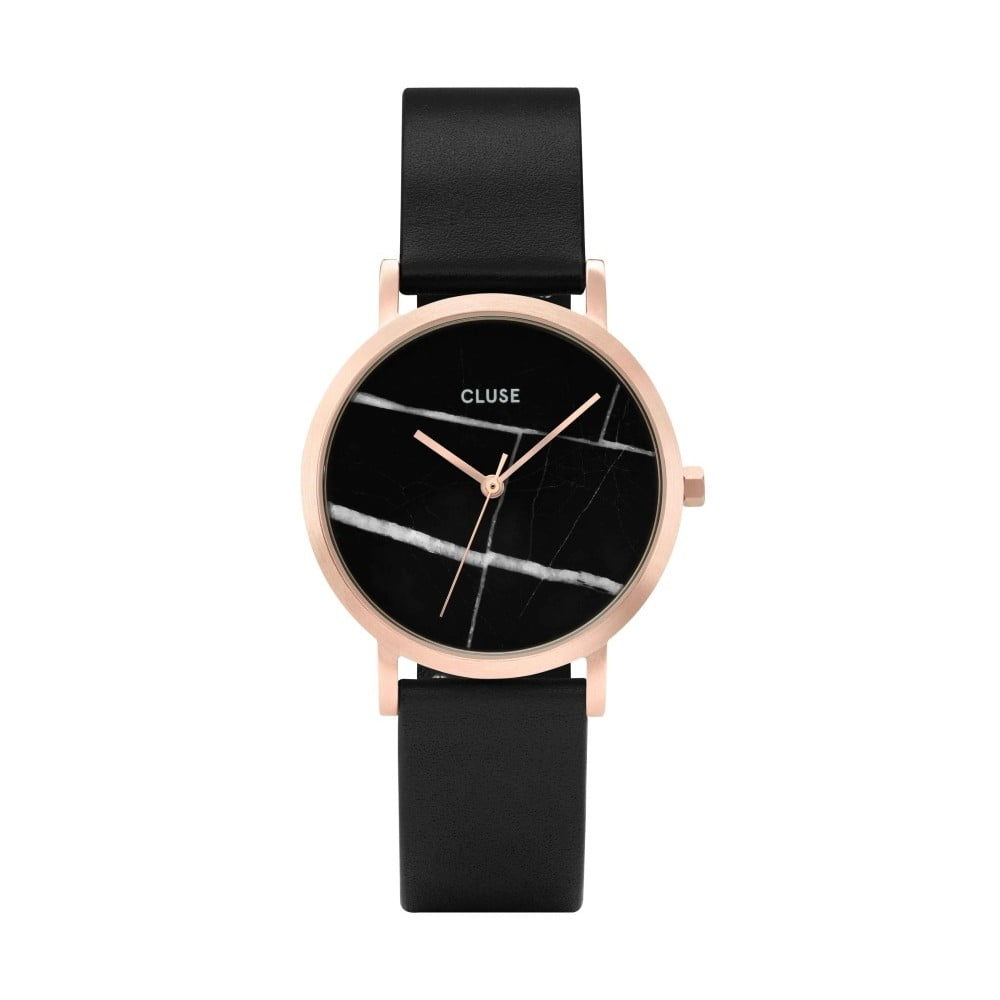 E-shop Dámske čierne hodinky s koženým remienkom a mramorovým ciferníkom Cluse La Roche Petite Rose