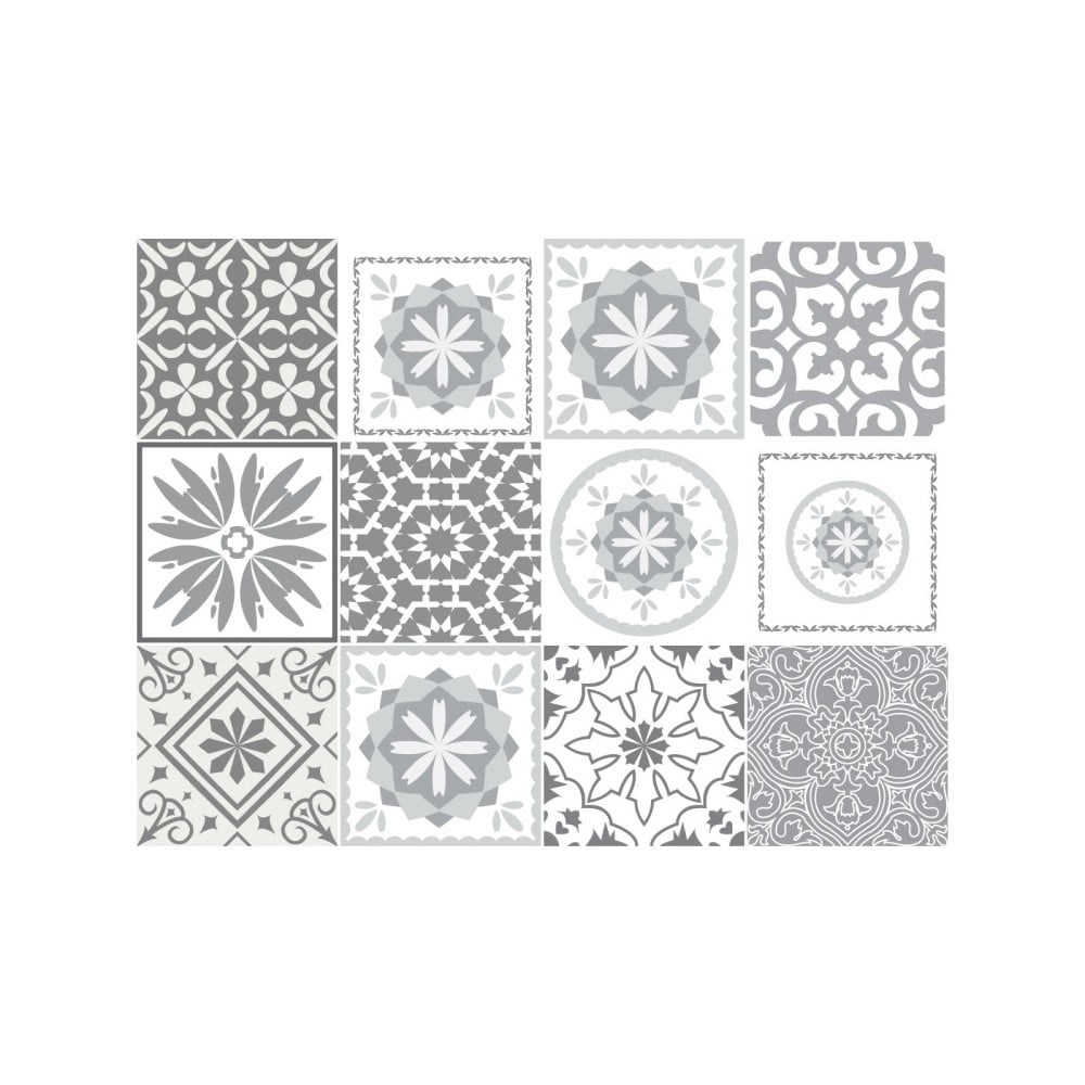 Obrázok Sada 12 nástenných samolepiek Ambiance Cement Tiles Shades of Gray Cordoba, 10 × 10 cm