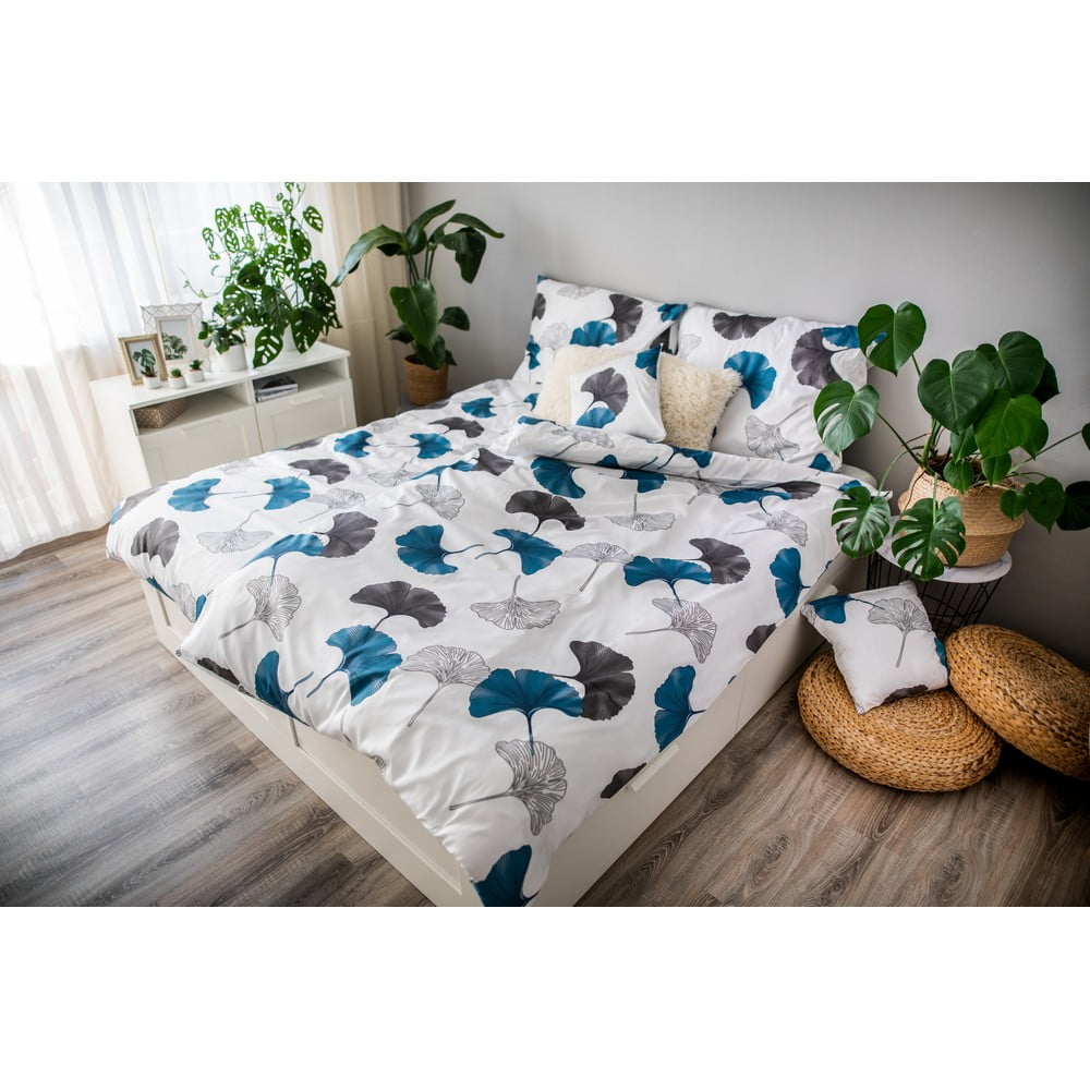 E-shop Modro-sivé obliečky z bavlneného saténu Cotton House Ginko, 140 x 200 cm