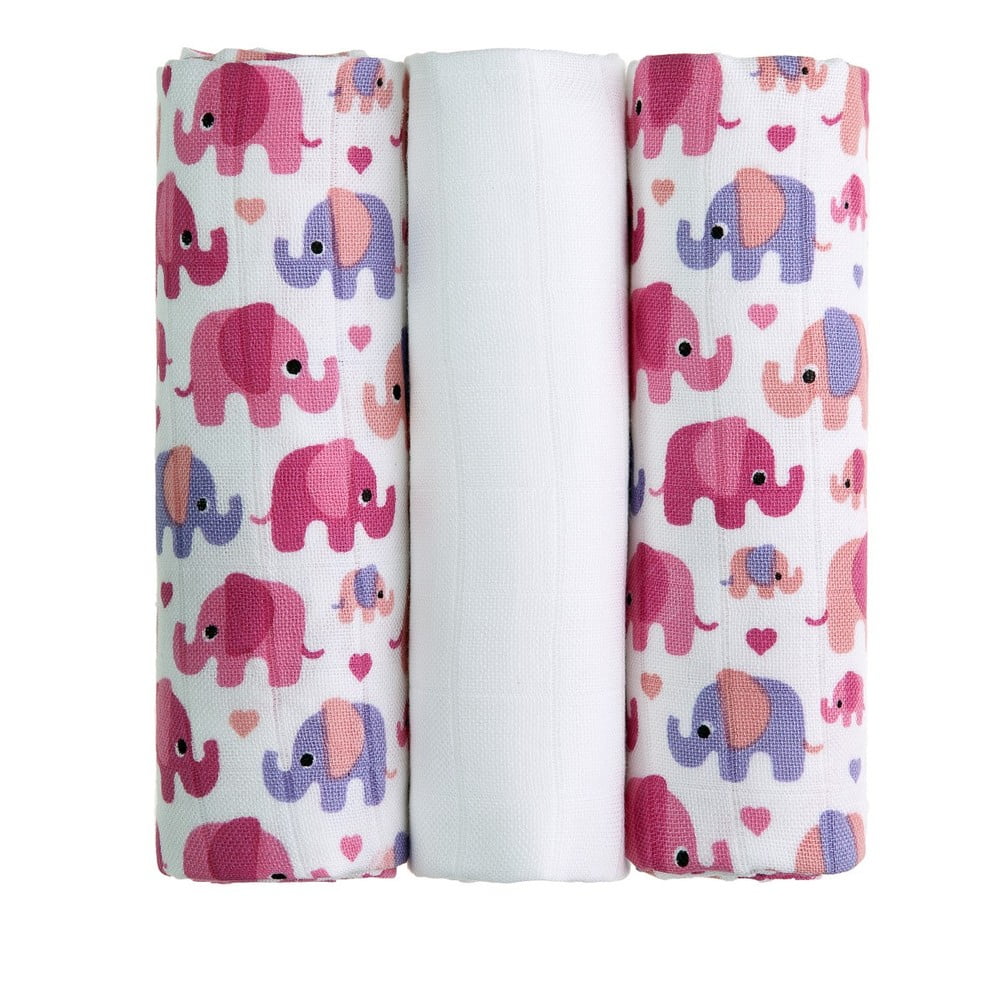 E-shop Súprava 3 látkových plienok T-TOMI Pink Elephants, 70 x 70 cm