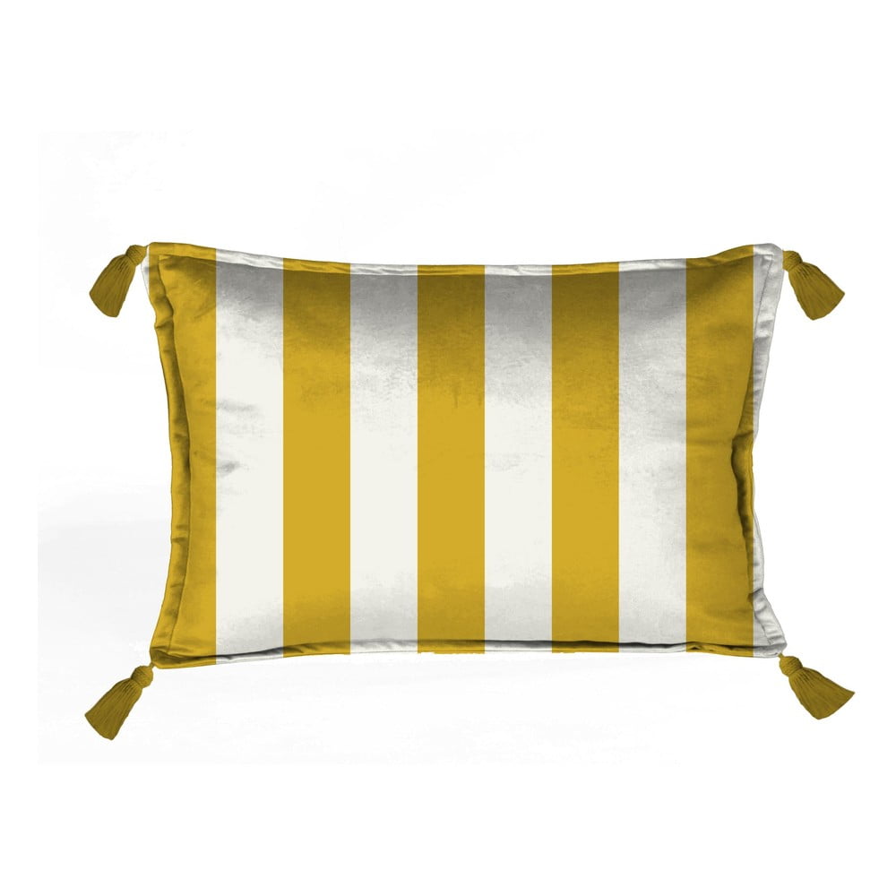 E-shop Biely zamatový vankúš s pruhmi v zlatej farbe Velvet Atelier Borlas, 50 x 35 cm