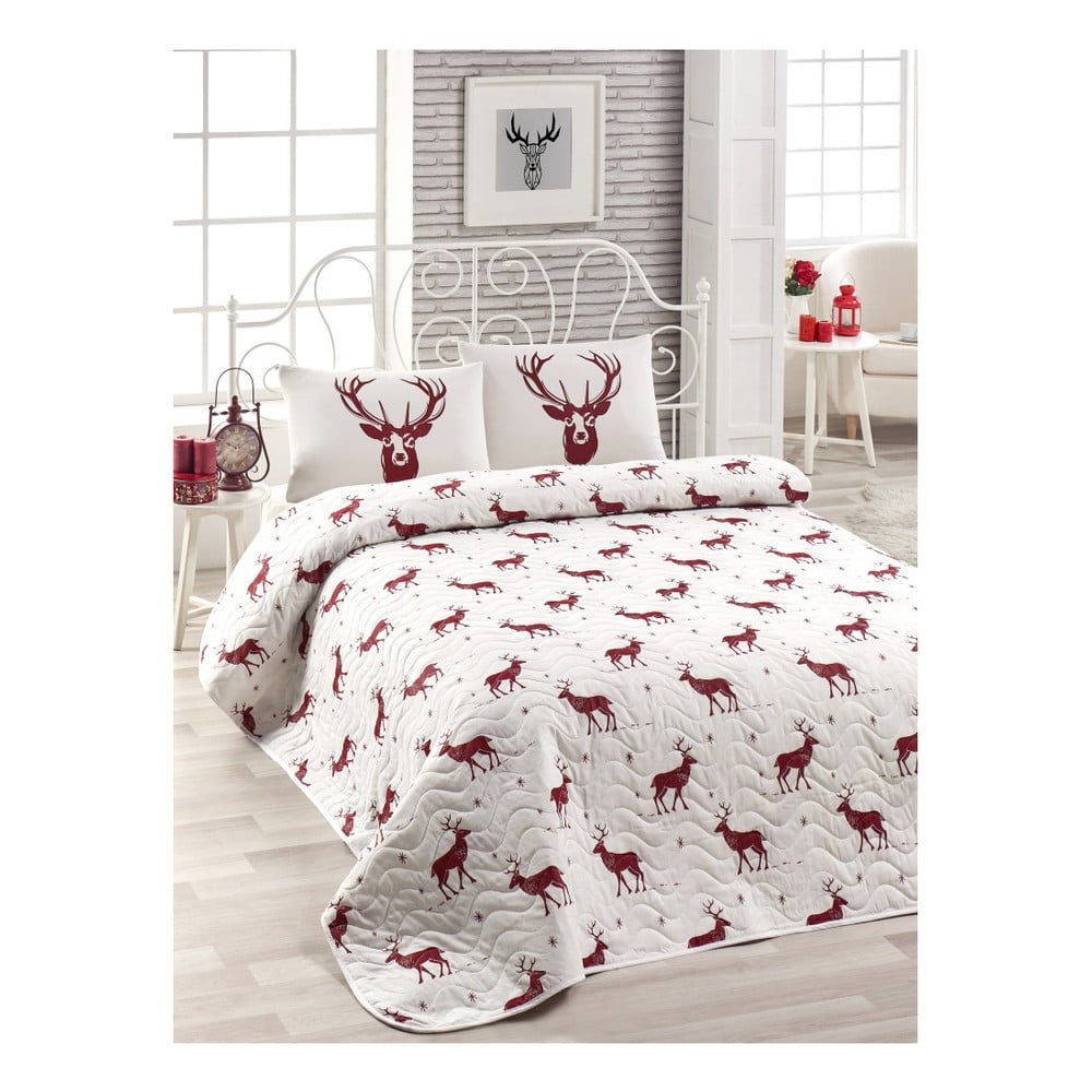 E-shop Set plédu cez posteľ a obliečky na vankúš s prímesou bavlny Geyik Claret Red, 160 x 220 cm