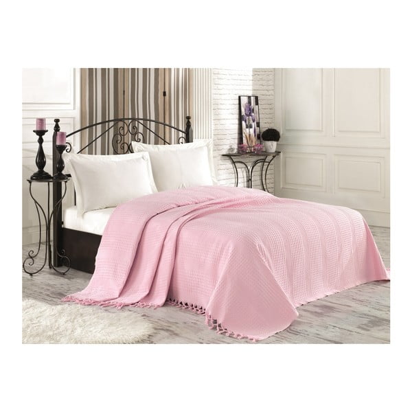 Ružový bavlnený pléd cez posteľ na dvojlôžko Clemence, 220 × 240 cm