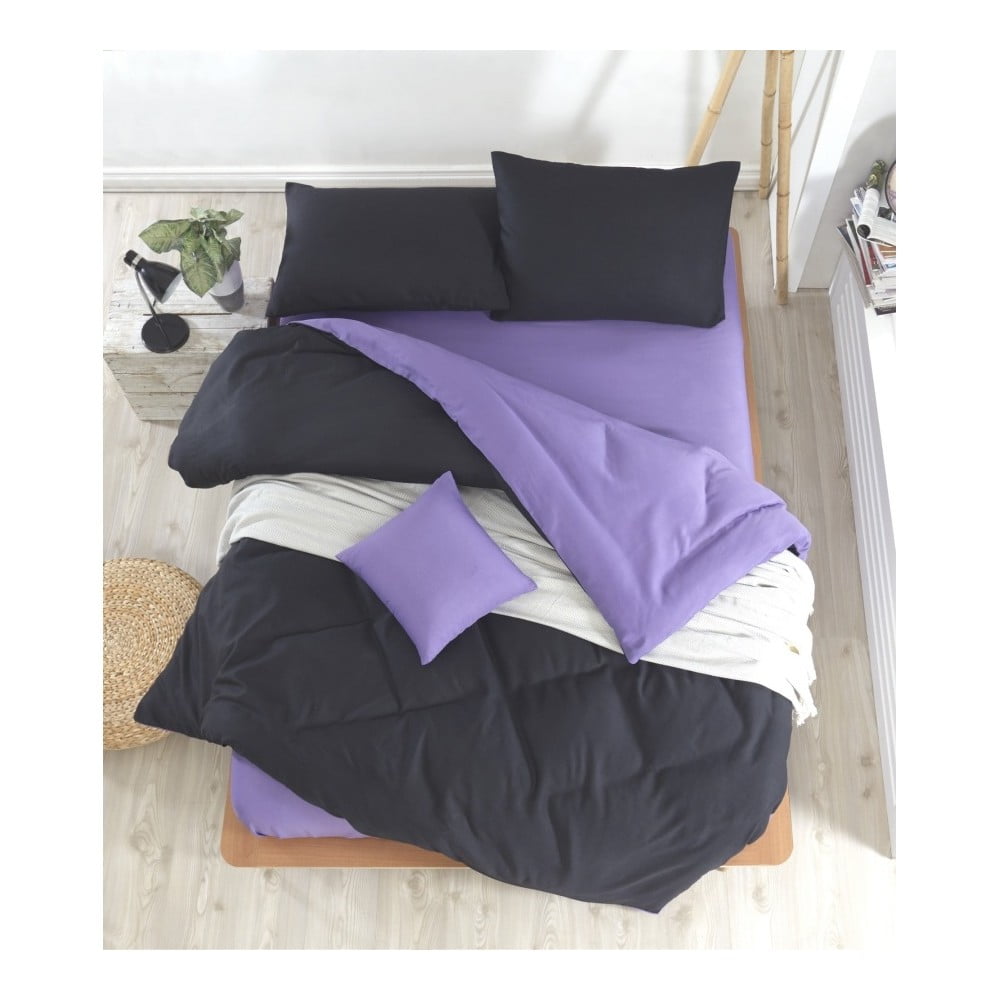 E-shop Čierno-fialové obliečky s plachtou na dvojlôžko Permento Masilana, 200 × 220 cm