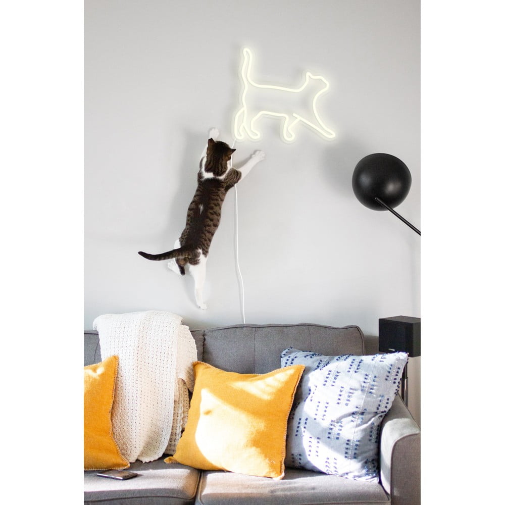 E-shop Biela nástenná svietiaca dekorácia Candy Shock Cat, 40 x 37 cm