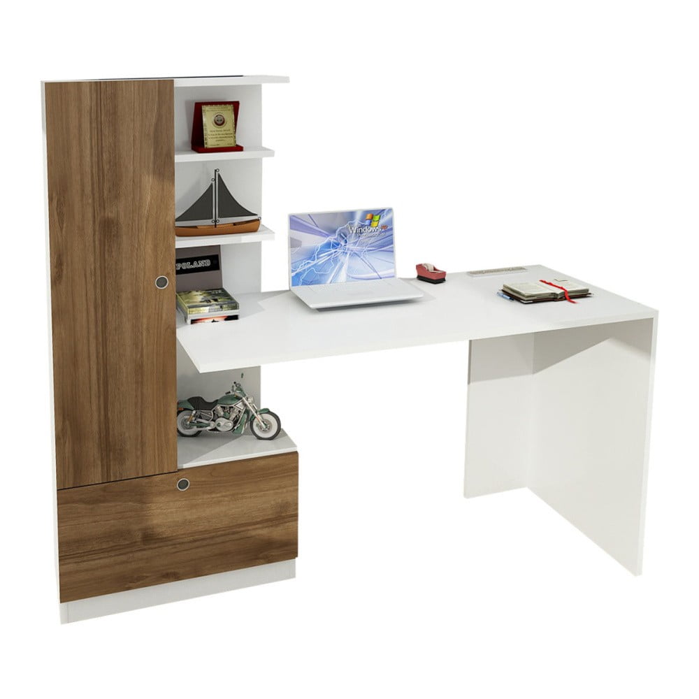 E-shop Biely pracovný stôl s knižnicou v dekore orechového dreva Domingos