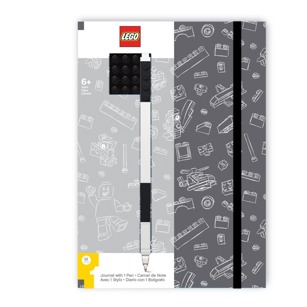 Obrázok LEGO Stationery Zápisník A5 s čiernym perom – sivý, čierna doštička 4 × 4 (4895028515379)