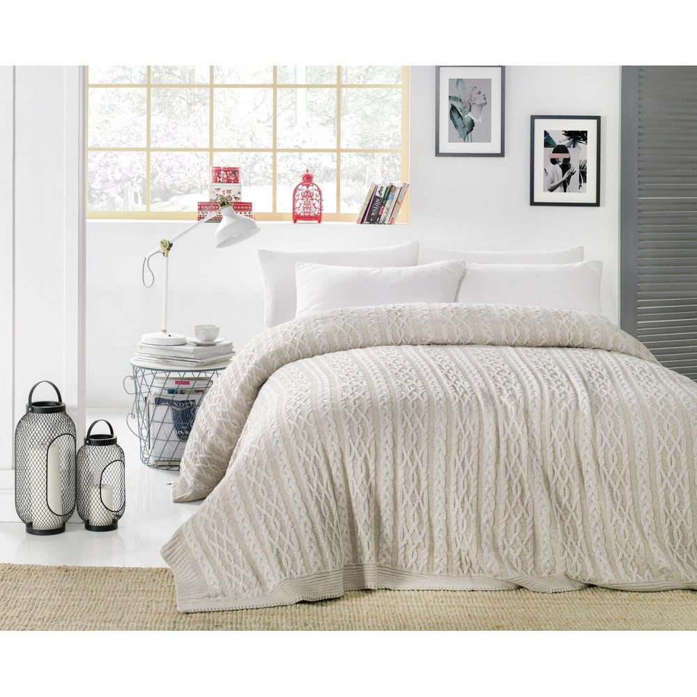 E-shop Sivobéžová prikrývka cez posteľ Knit, 220 x 240 cm