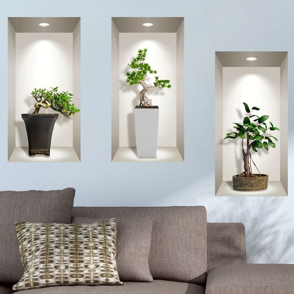 Súprava 3 3D samolepiek na stenu Ambiance Bonsai Plants