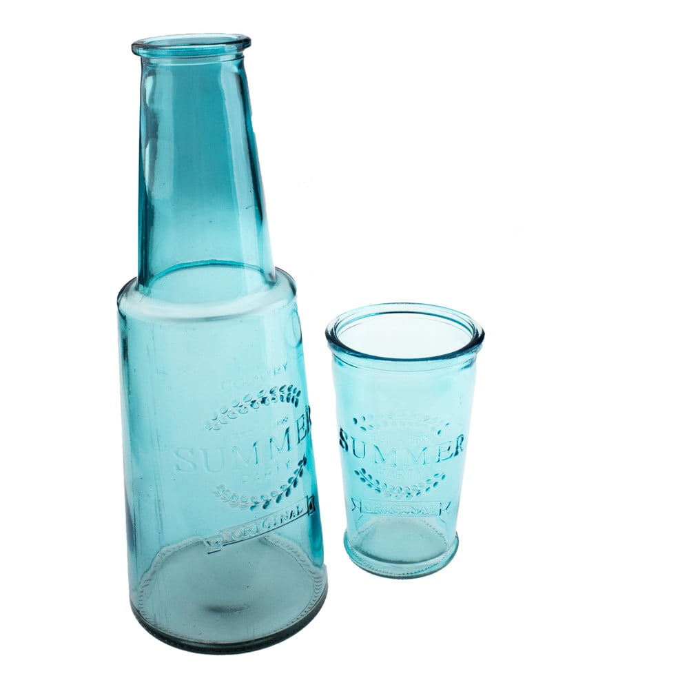 E-shop Modrá sklenená karafa s pohárom, 800 ml