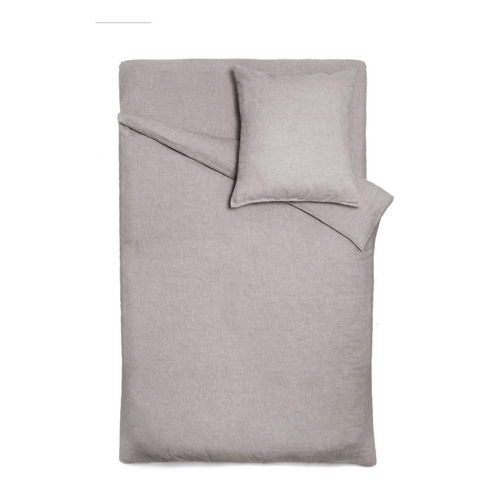 Sivobéžová ľanová prikrývka cez posteľ so štvorcovou obliečkou na vankúš Maison Carezza Lilly, 150 x 200 cm