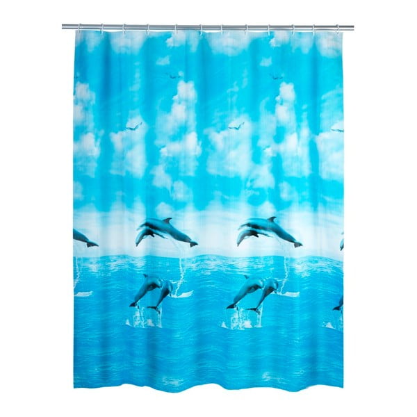 Modrý sprchový záves Wenko Dolphin, 180 × 200 cm